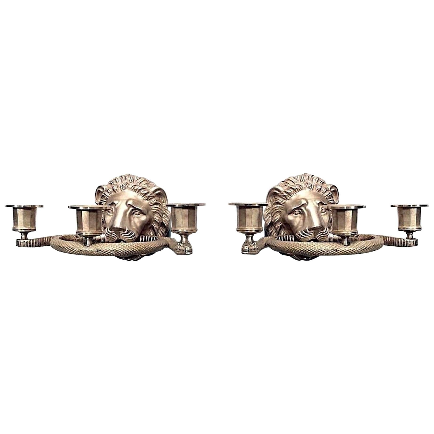 4 English Regency Style Gilt Lion Head and Snake Wall Sconces For Sale