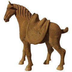 Painted Grey Pottery Figure of Striding Horse with Separate Saddle