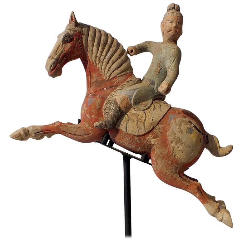Rare Painted Red Pottery Male Polo Player Astride a Galloping Horse For Sale
