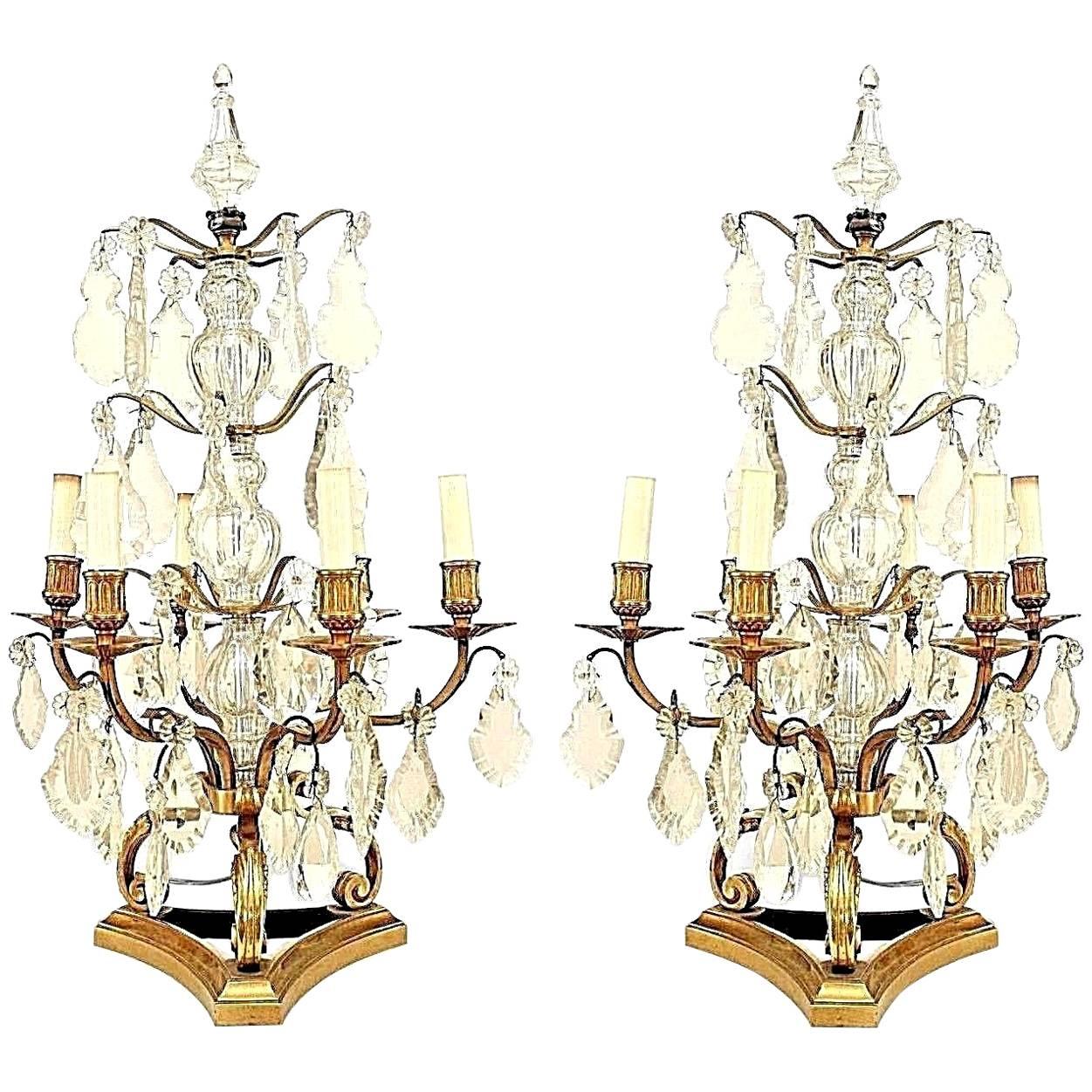 Pairs of French Louis XV Bronze Dore and Crystal Candelabras For Sale