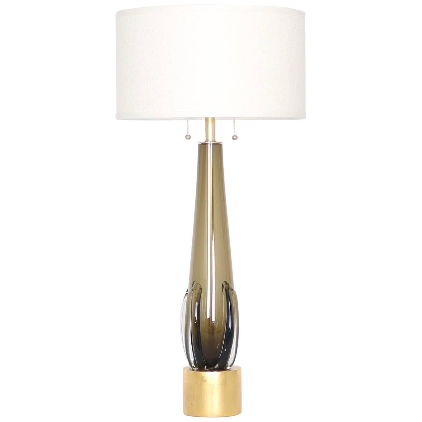 Seguso Table Lamp in Smoked Murano Glass on Gilt Wooden Base