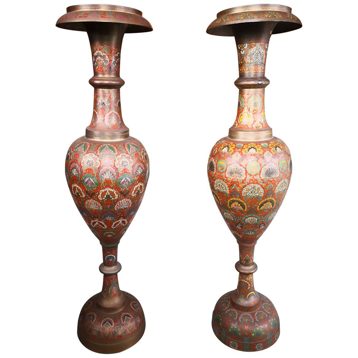 1940s Pair of Bronze Polychrome Enameled Vases