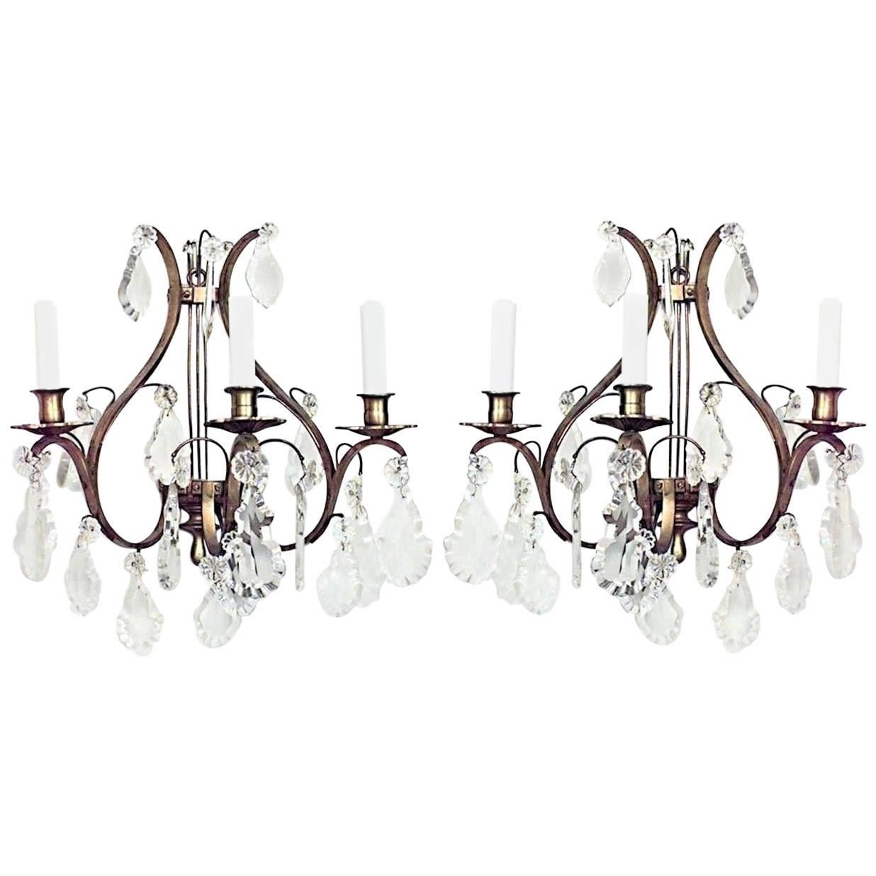 8 French Louis XV Style Bronze and Crystal Lyre Sconces