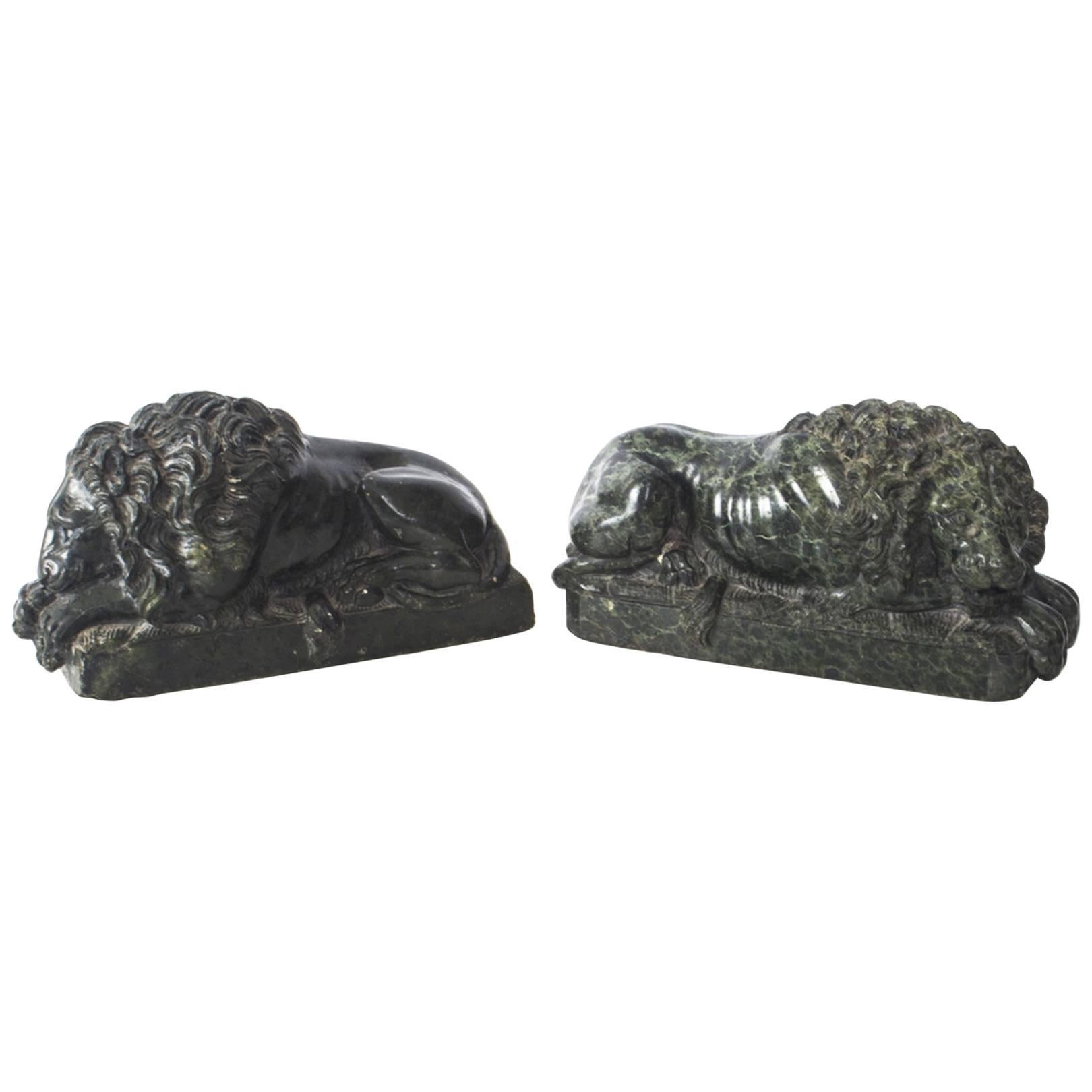 Antique Pair of Grand Tour Serpentine Marble Canova Lions, 19th Century