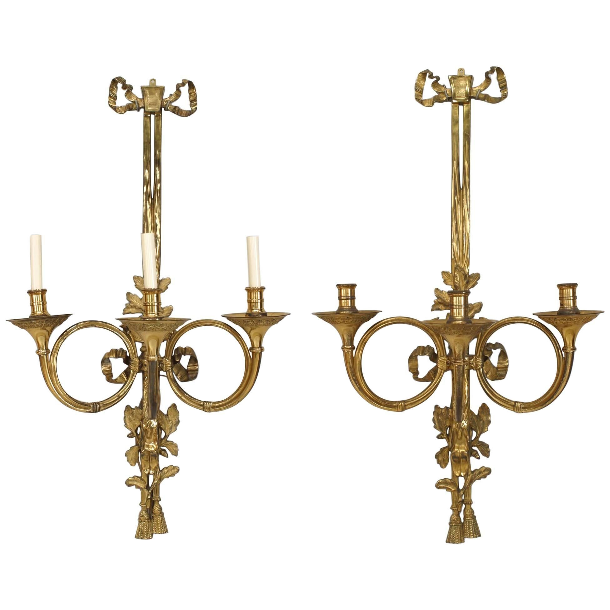 7 French Louis XVI Style Bronze Dore Bow Knot Wall Sconces For Sale
