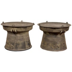 Pair of Large Heavy Bronze South Asian Rain Drum Tables