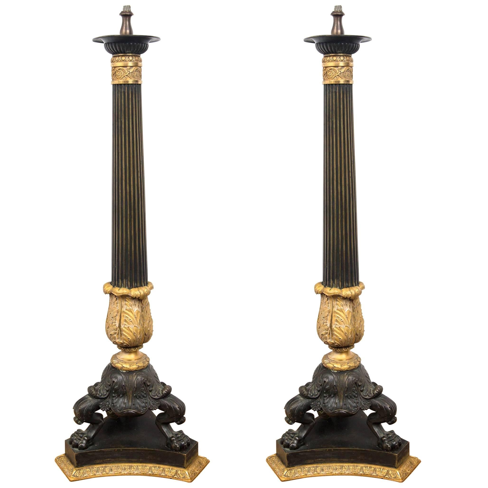 Pair of Patinated and Fire Gilt Bronze Tall Empire Candelabra Bases For Sale