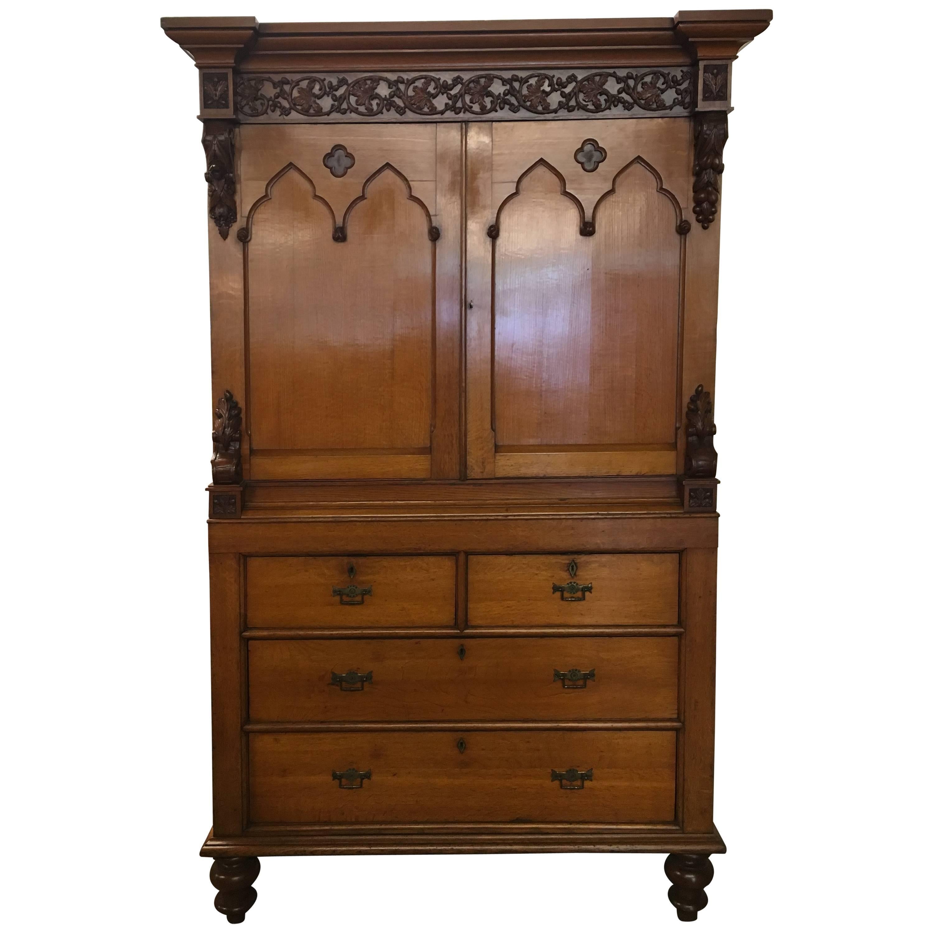19th Century French Gothic Oak Cabinet For Sale