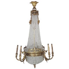 Antique 19th Century French Empire Gilded Bronze and Crystals Chandelier