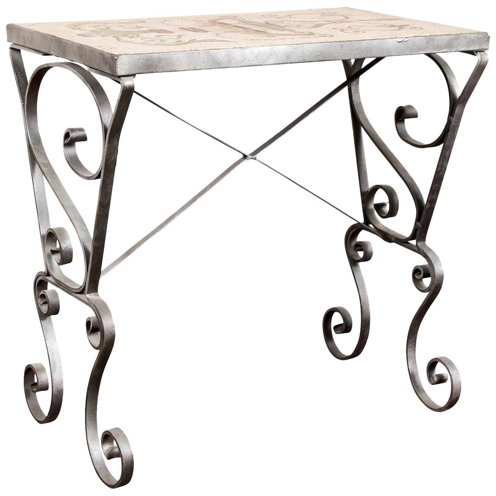 Wrought Iron and Mosaic Tile-Top Side Table