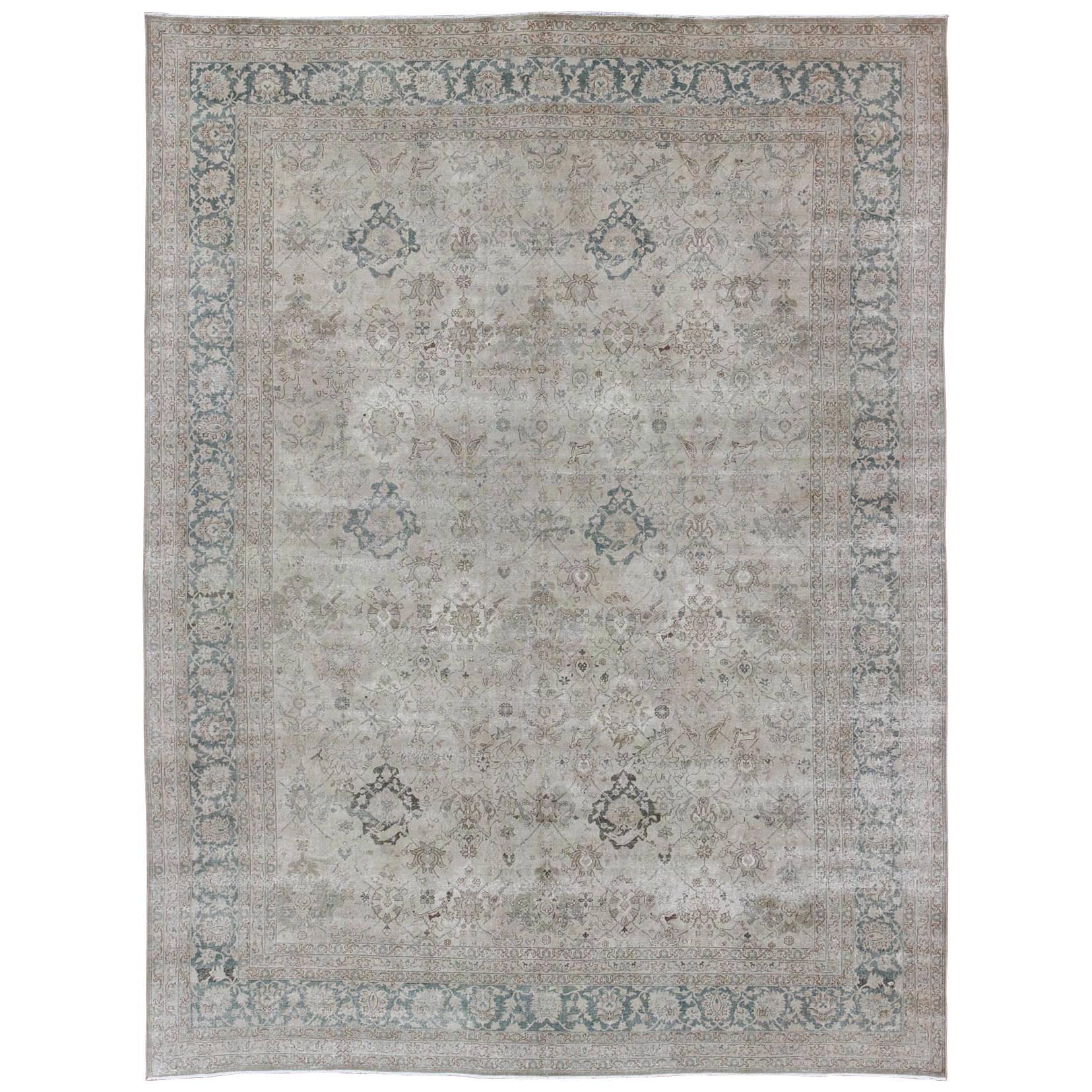 All-Over Design Antique Turkish Sivas Rug in Gray, Ivory, and Blue Tones