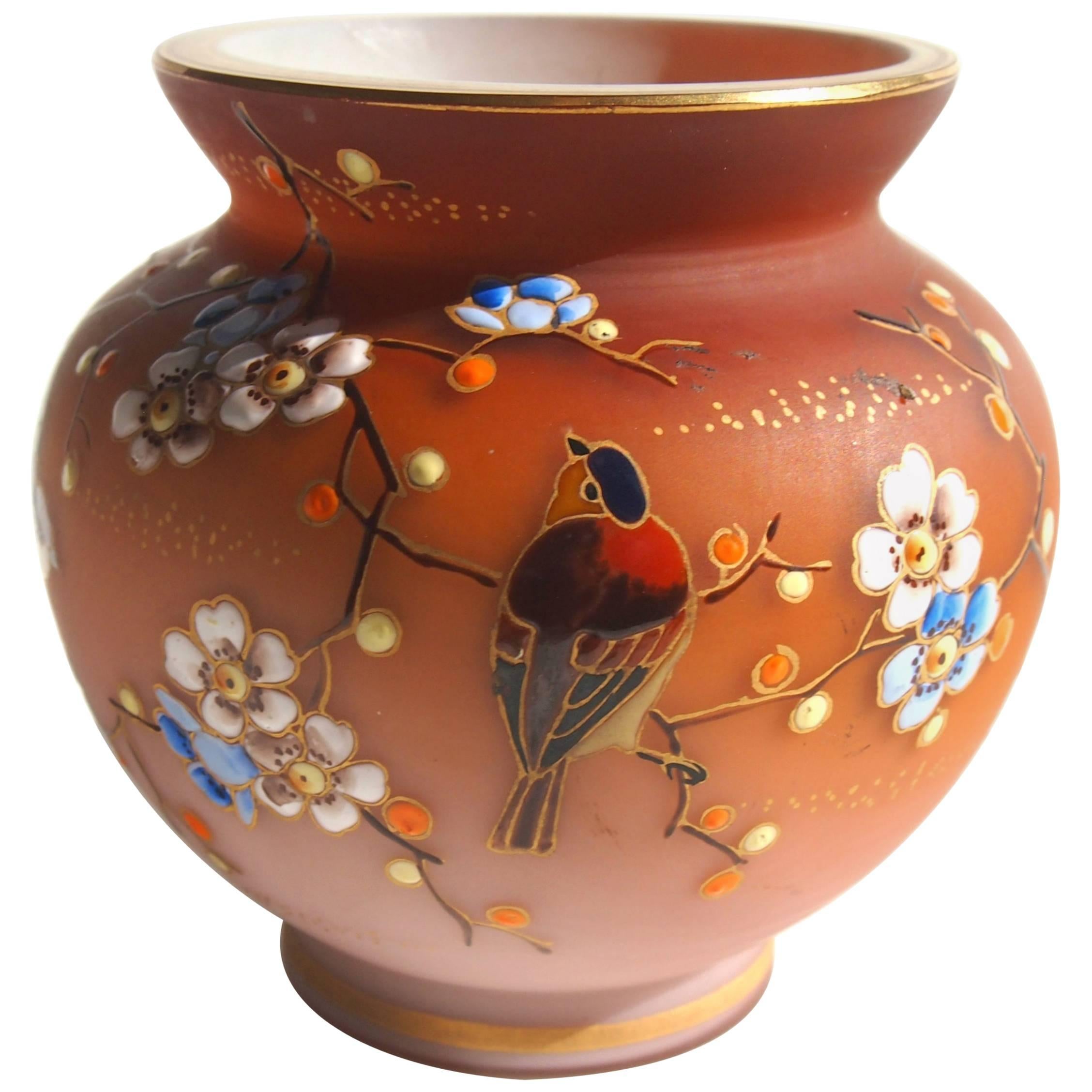 Bohemian Loetz Victorian Enameled Bird Glass Vase