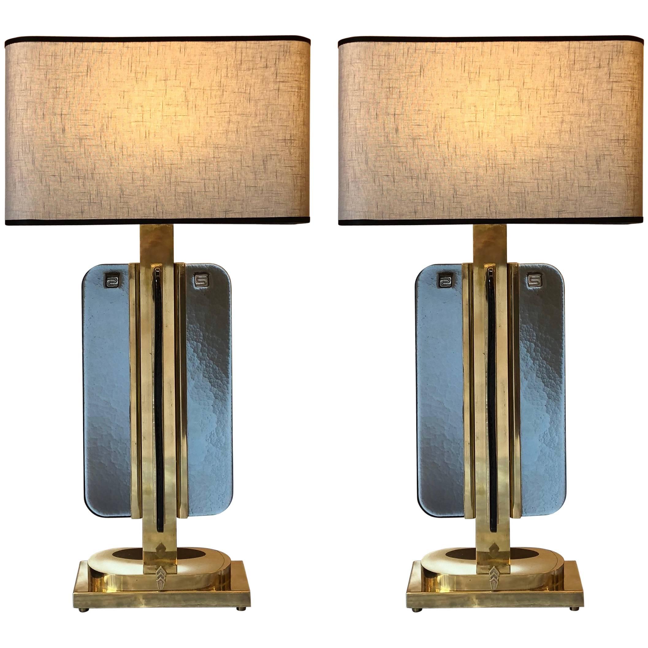 Late 20th Century Pair of Smoked Grey/Green Murano Glass Table Lamps by Salviati