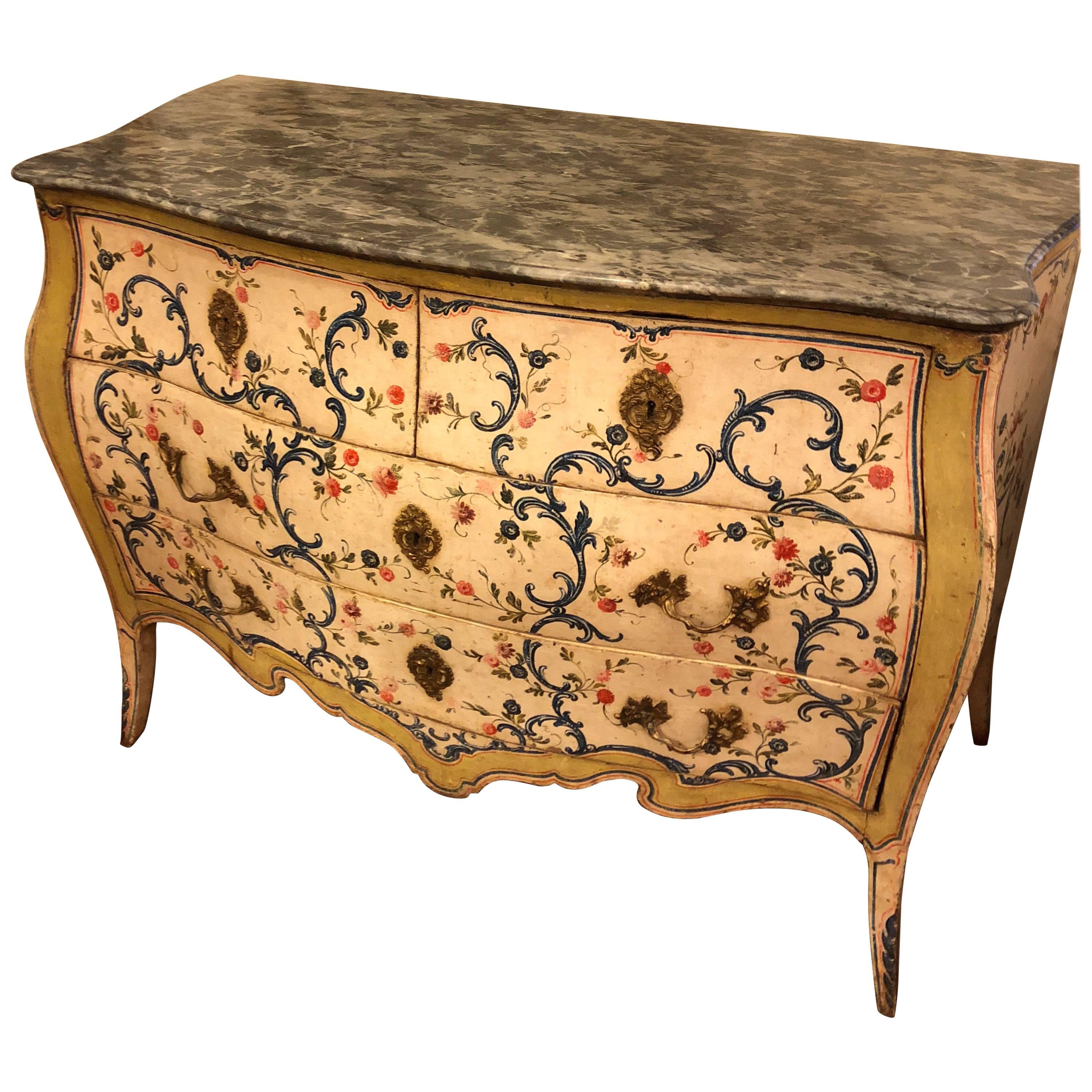 Italian Louis XV Painted Marble Top Commode