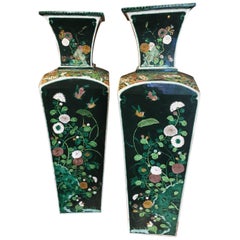 Antique Pair of Exquisite 19th Century Qing 'Manchu' Dynasty Famille-Noir Square Vases