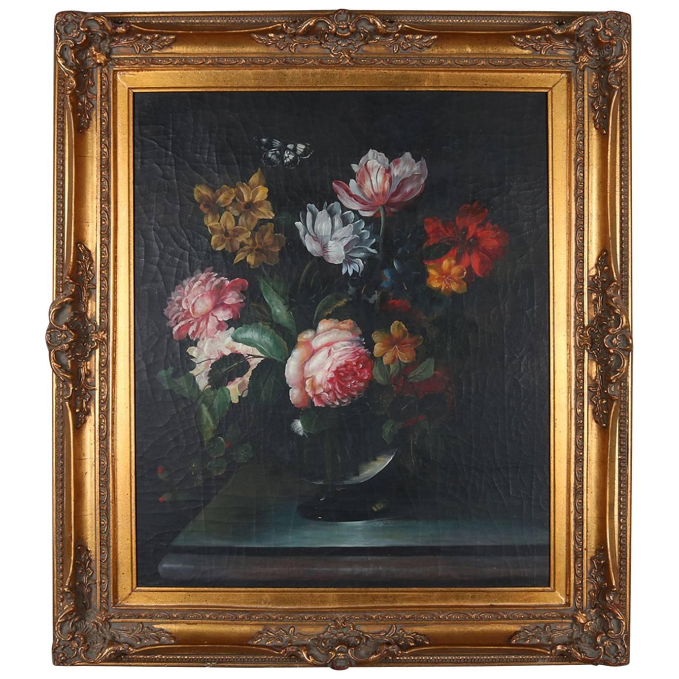 Oil on Board Still Life Painting of Floral Bouquet in Vase, Gilt Frame