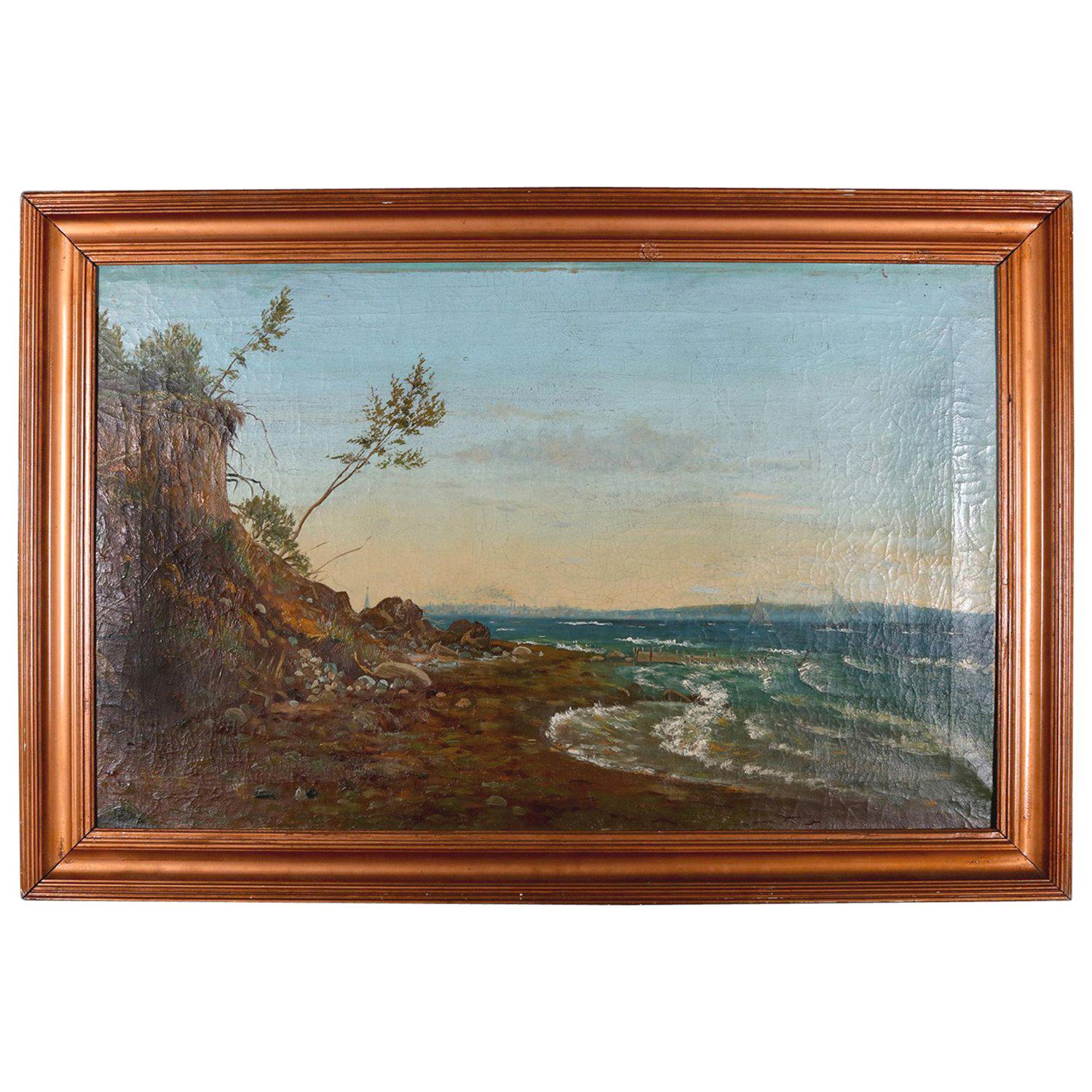 Antique German Folk Art Oil on Canvas Painting of Seascape, 19th Century