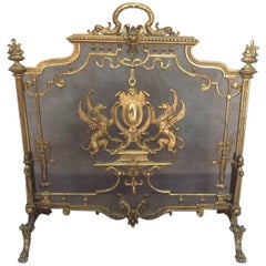Antique French Louis XIV Style Lion's Paw Gilded Bronze Fire Place Screen