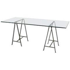 Used Post-War Design Glass Table Desk with Bronze Saw Horses