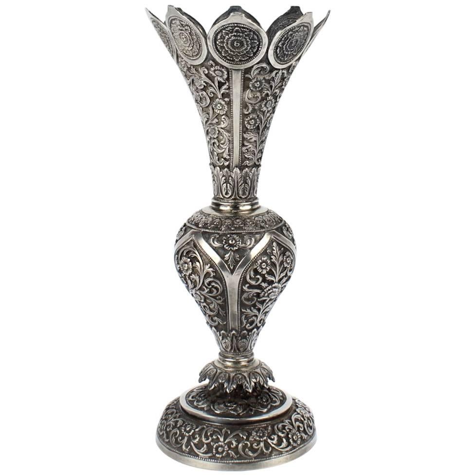 Antique Indian Kutch Silver Vase by Oomersi Mawji & Sons, Early 1900s