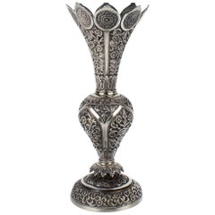 Antique Indian Kutch Silver Vase by Oomersi Mawji & Sons, Early 1900s