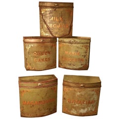 Antique Five Large Victorian Baker’s Shop Tins, Toleware Biscuit Canisters