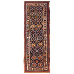 Colorful Antique Caucasian Kazak Moghan Runner in Red and Mid-Night Blue