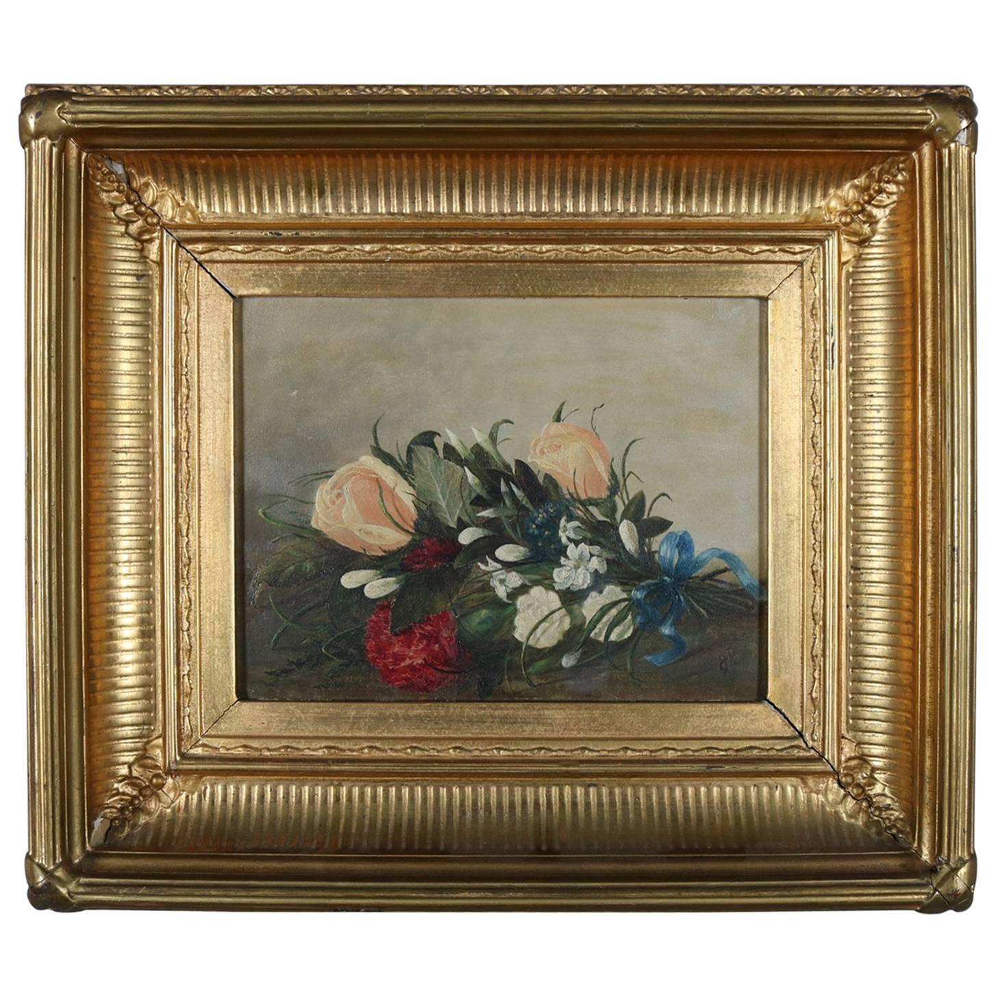 Antique Oil on Board Floral Still Life Signed Gilt Cove Molded Frame, circa 1830