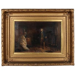 Antique English Oil on Canvas Painting of Couple Colonial Interior Scene