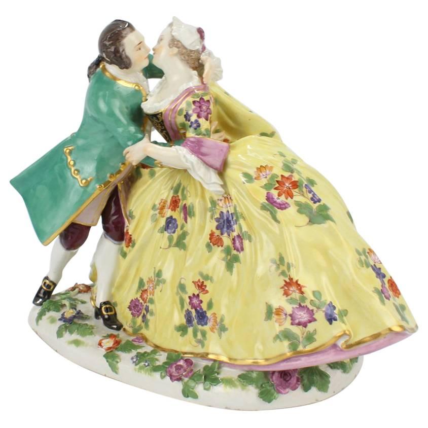 Antique Meissen Porcelain Figurine of Crinoline Lovers Entitled "The Kiss"