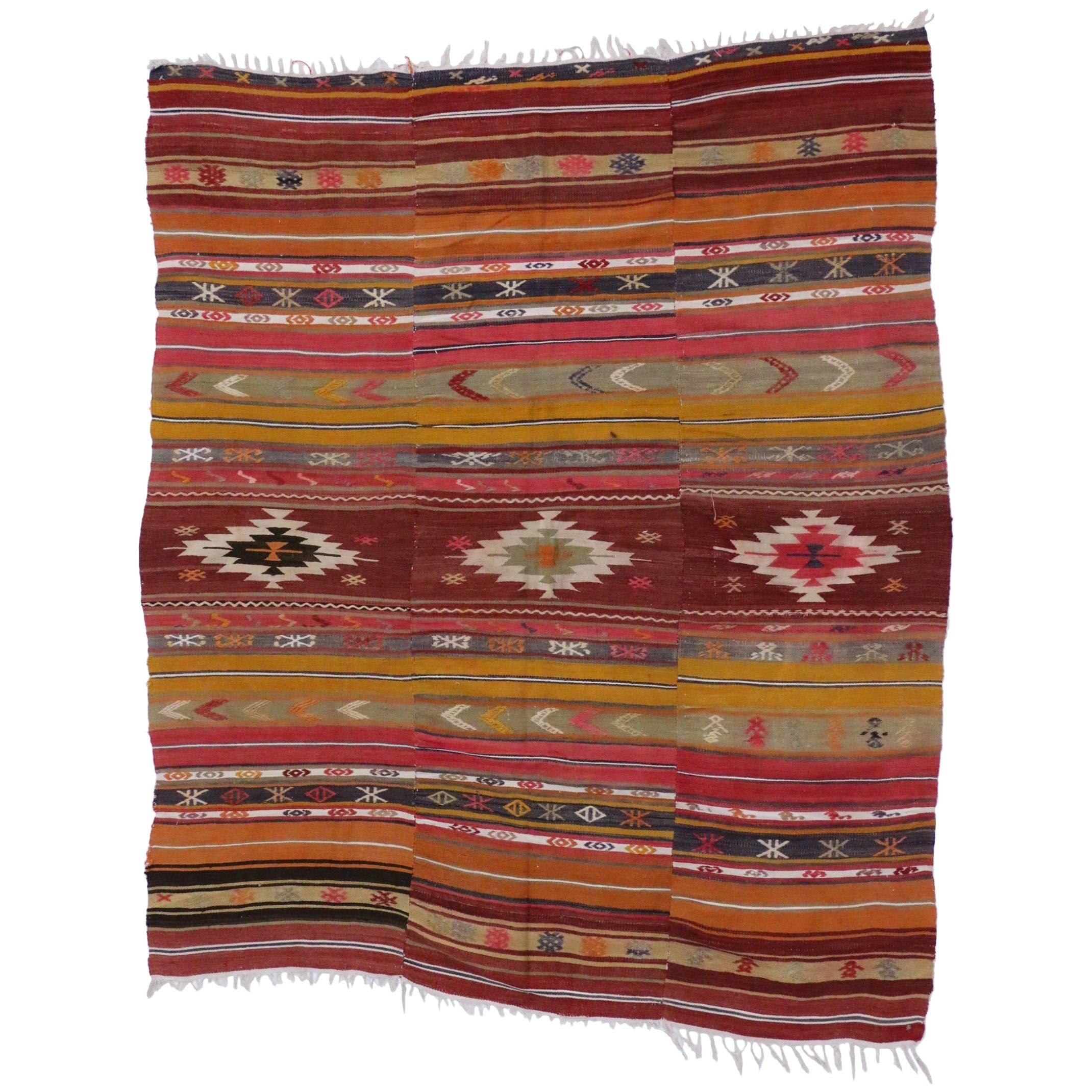 Southwest Boho Chic Vintage Turkish Kilim Rug, Flat-Weave Kilim