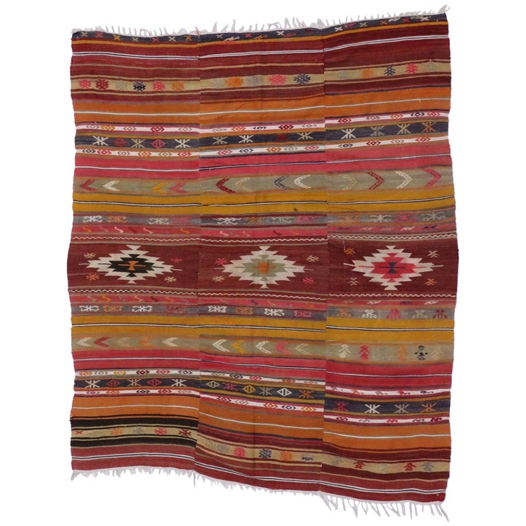 Southwest Boho Chic Vintage Turkish Kilim Rug, FlatWeave Kilim For
