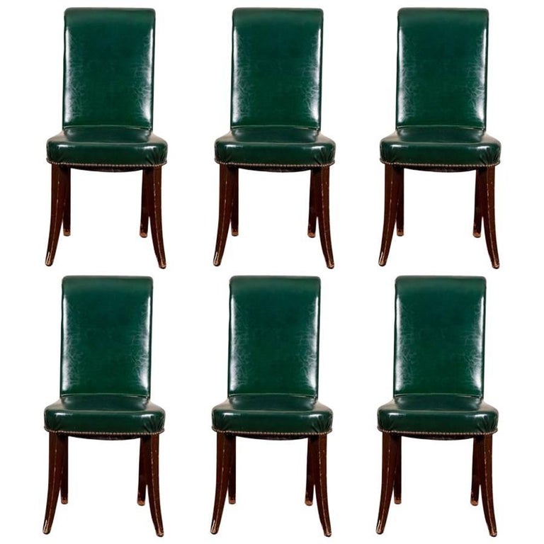 Set of Six Green Leather Dining Chairs at 1stDibs