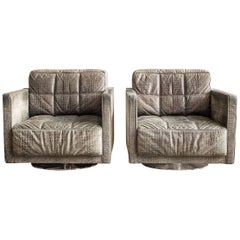 Pair of Faux Crocodile Grey Leather Swivel Club Chairs