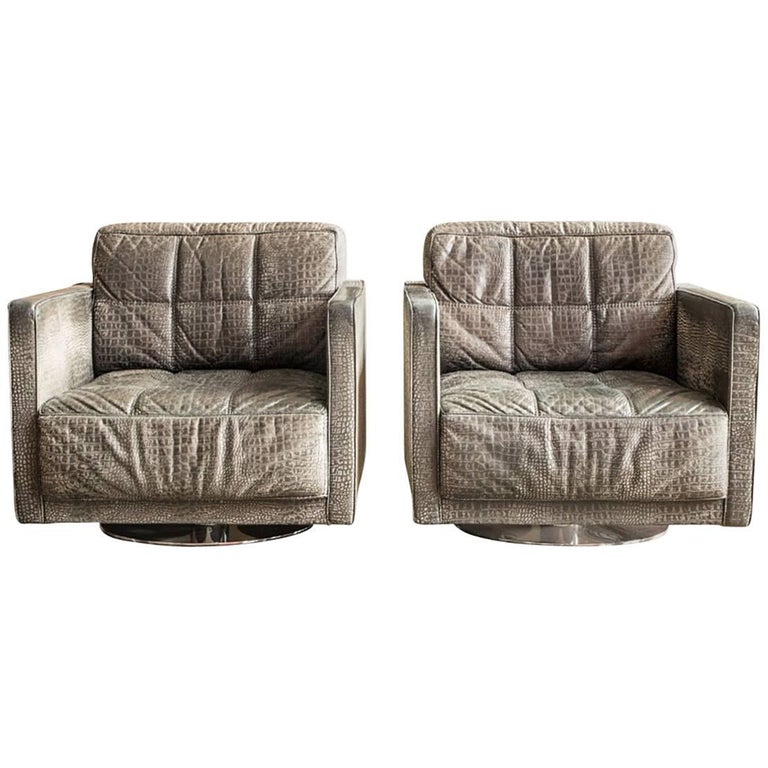 Pair Of Faux Crocodile Grey Leather, Leather Swivel Club Chairs