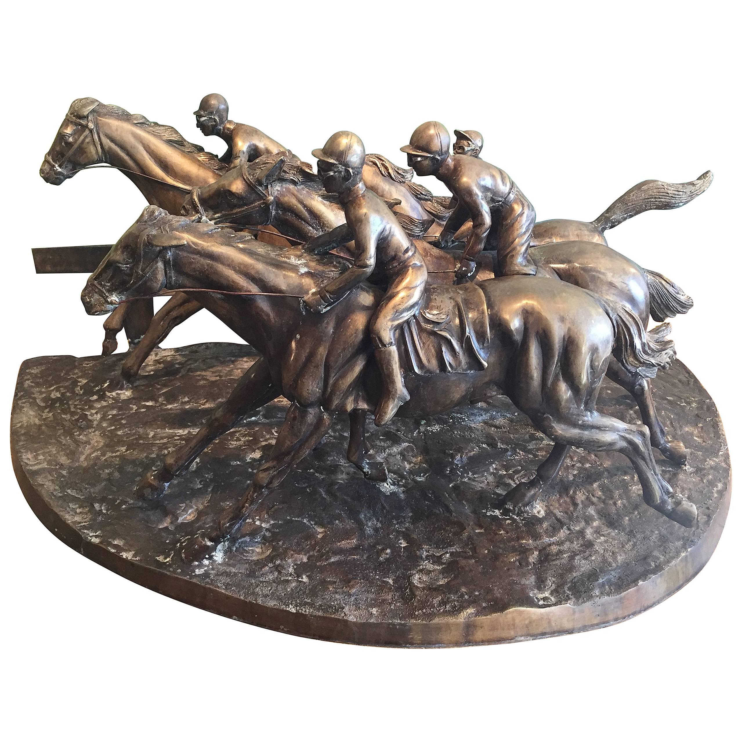 Bronze Horses in a Race with Jockeys For Sale