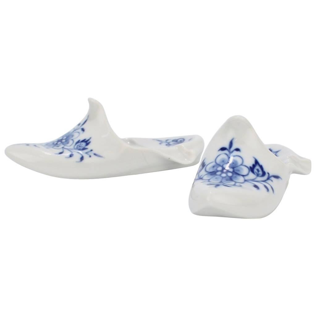 Two Vintage Meissen Porcelain Blue Onion Shoe or Slipper Form Paperweights