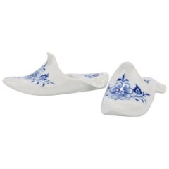 Two Antique Meissen Porcelain Blue Onion Shoe or Slipper Form Paperweights