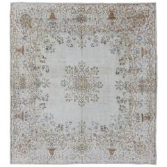 Stylized Floral Antique Persian Kerman Square Rug in Ivory, Gray, Blue and Cream