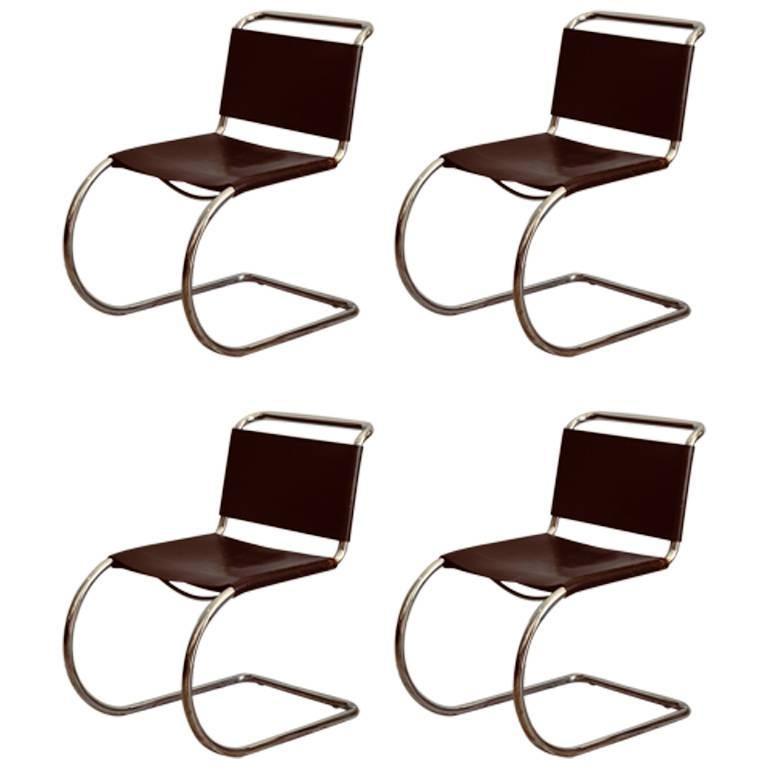 Set of Four Classic Thick Leather and Chrome MR Chairs by Mies van der