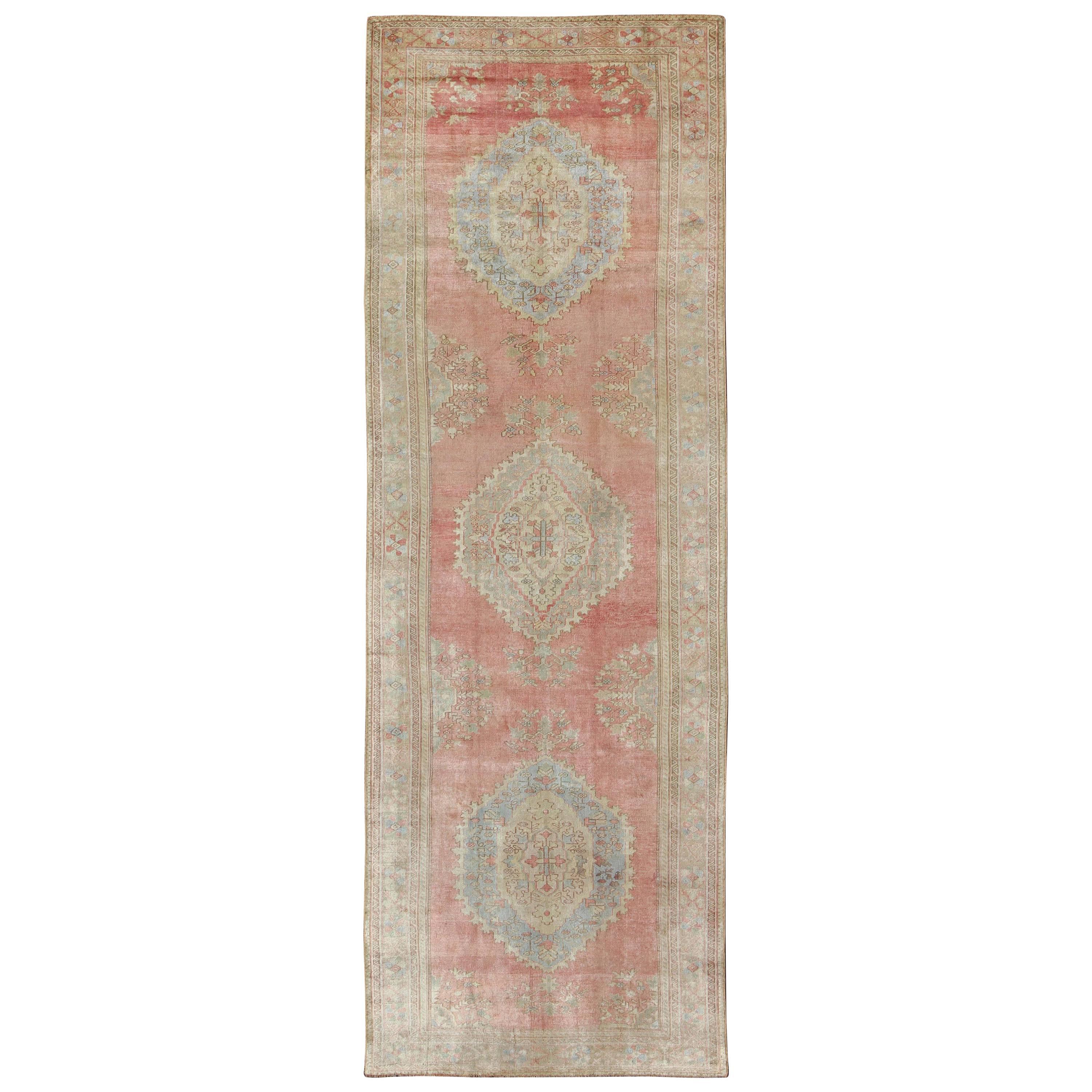 1930s Vintage Turkish Oushak Runner in Pink, Orange, Gray, L. Blue and Cream For Sale