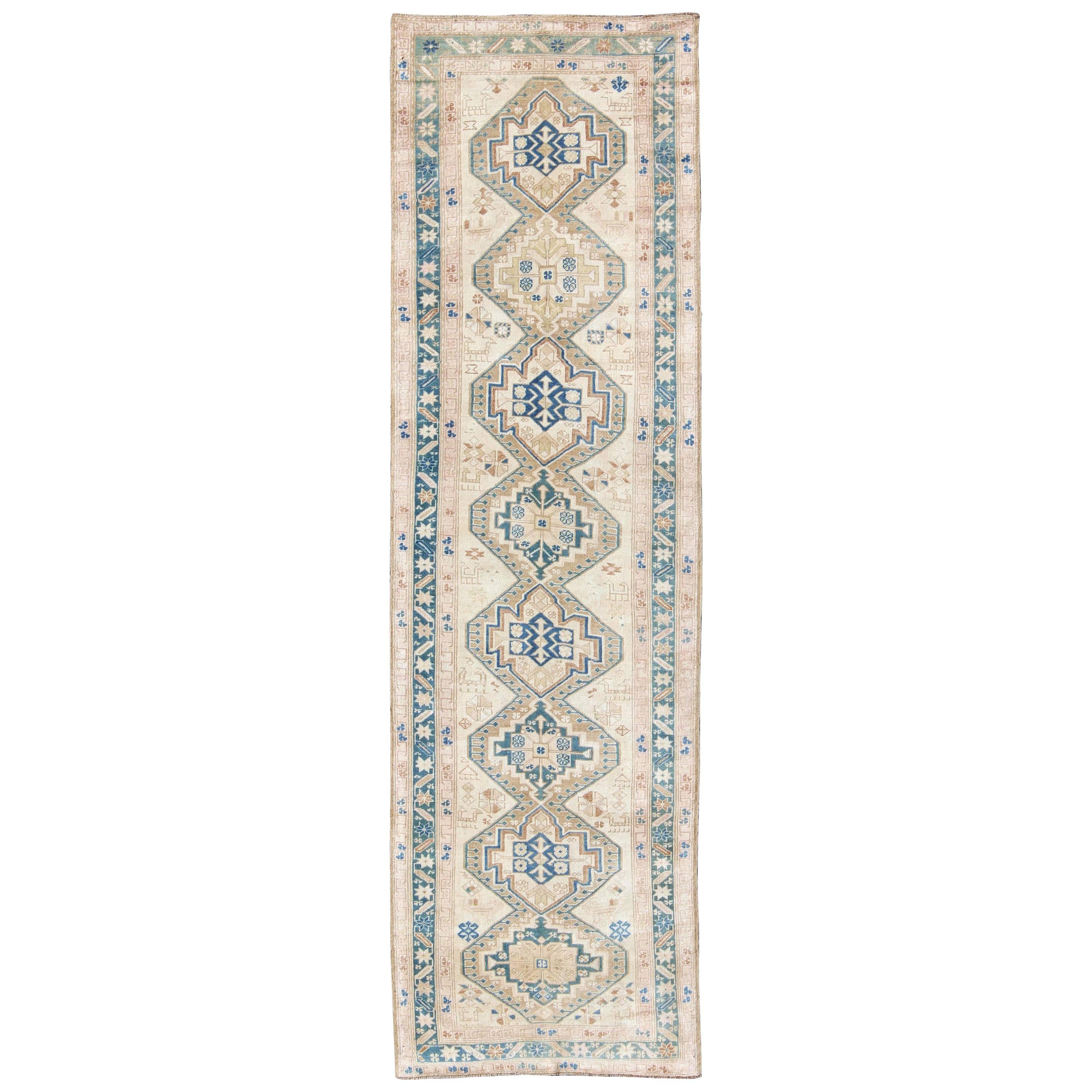 Stacked Medallion Antique Turkish Oushak Rug in Teal, Ivory, Cream and Nude
