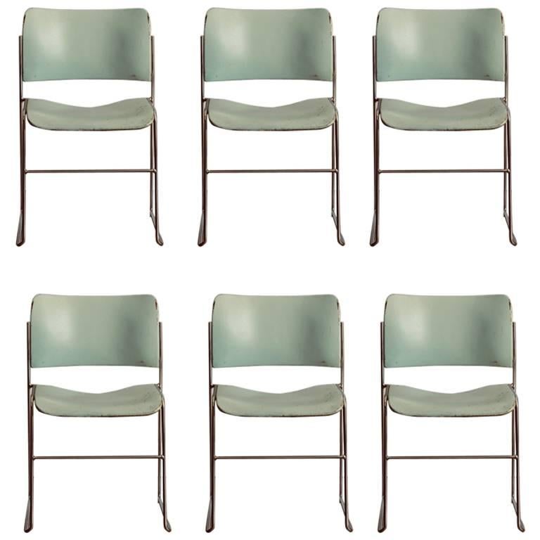 Set of Six Teal and Chrome David Rowland 40/4 Stacking Chairs