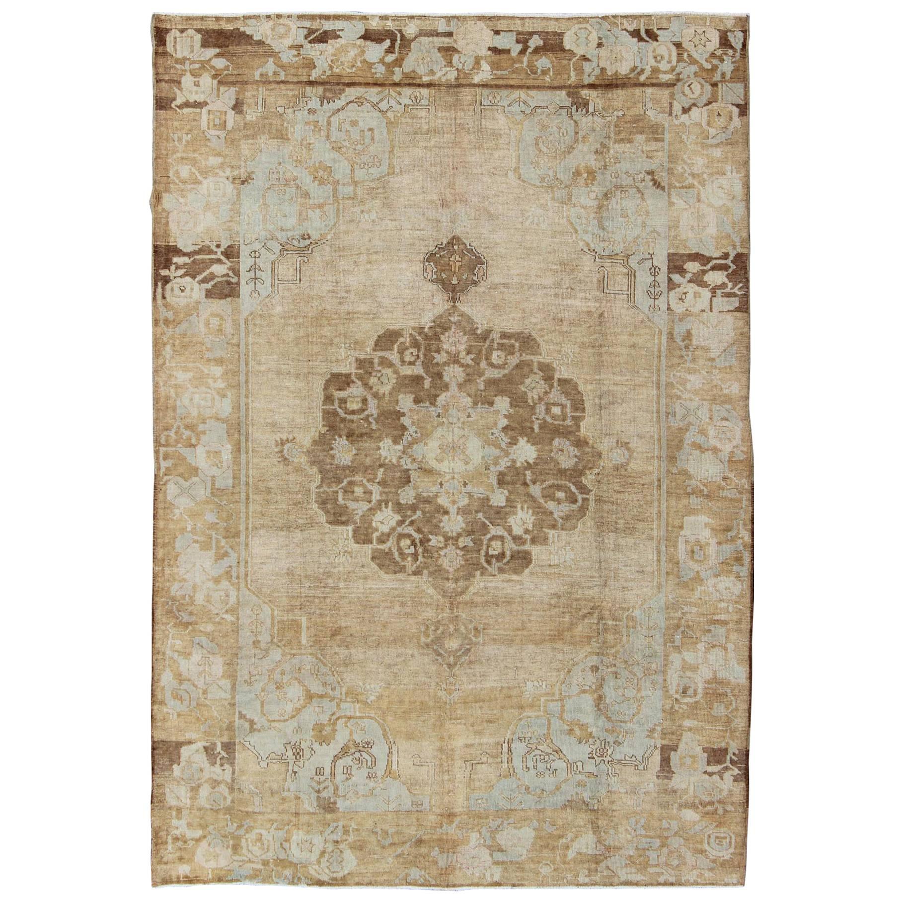 Vintage Turkish Kars Rug with Floral Medallion in Camel, Tan, Taupe and Gray For Sale