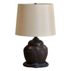 Heavy Tiffany Snake Basket Patinated Bronze Lamp with Custom Silk Shade