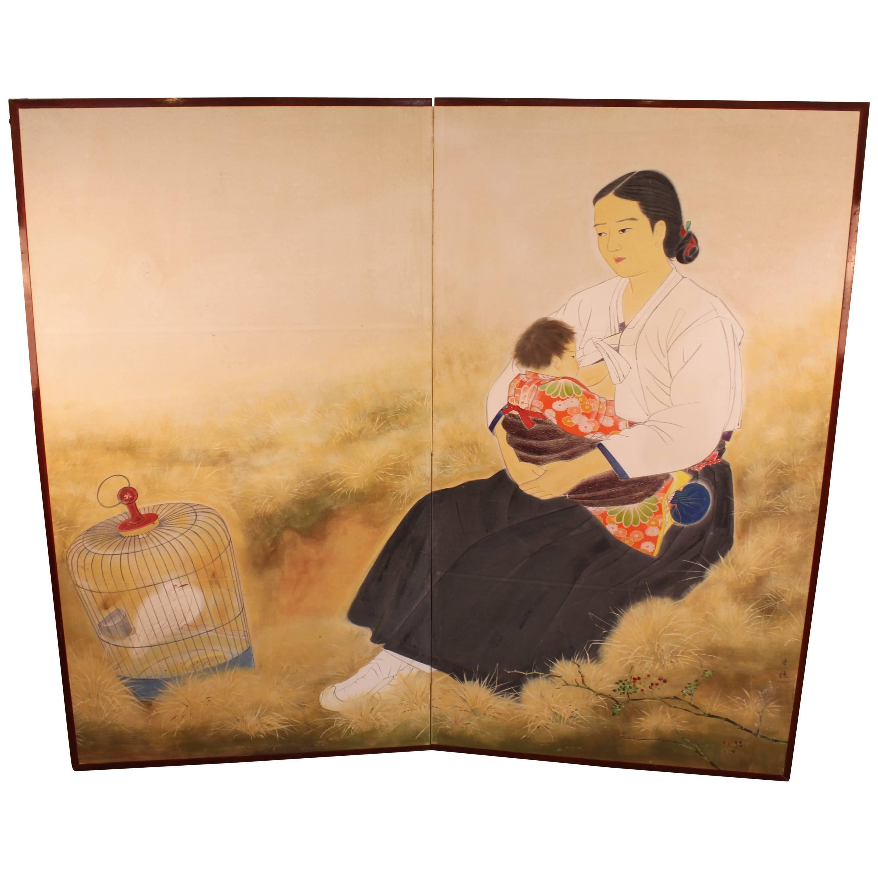 Shibata Suika Japanese Painted Paper Screen with Okinawan Mother and Child For Sale