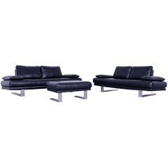 Rolf Benz 6600 Designer Leather Sofa Set Black with Footstool Couch Modern