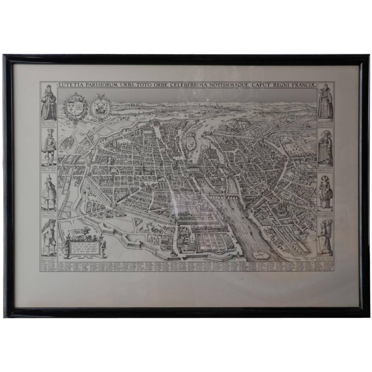 Vintage Framed French Map of Paris Black and White  For Sale