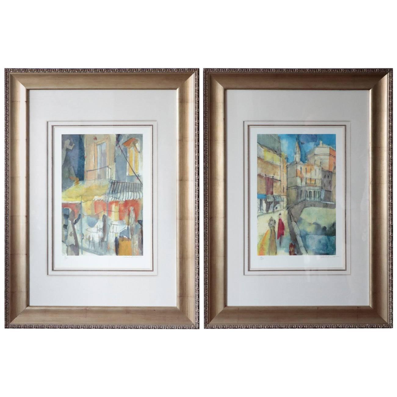 Signed Pair of Charles R Davies Colorful Scenes Art Window Looks and Inkempen For Sale