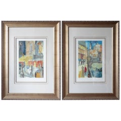 Signed Pair of Charles R Davies Colorful Scenes Art Window Looks and Inkempen